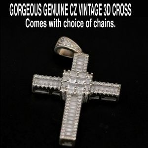 1.5" VTG CZ Cubic Zirconia Cross Necklace Pendant 5g 925 Unisex + CHAIN